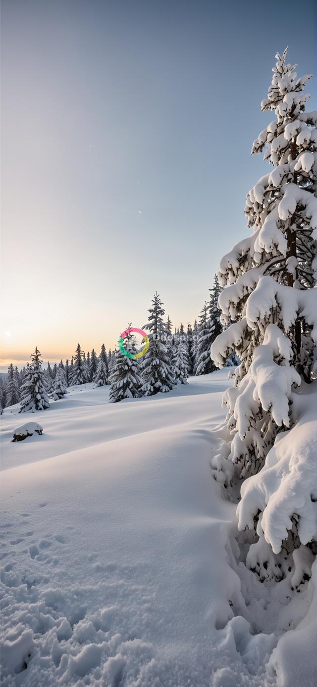 低角度捕捉雪覆盖的宁静松林冬日风光