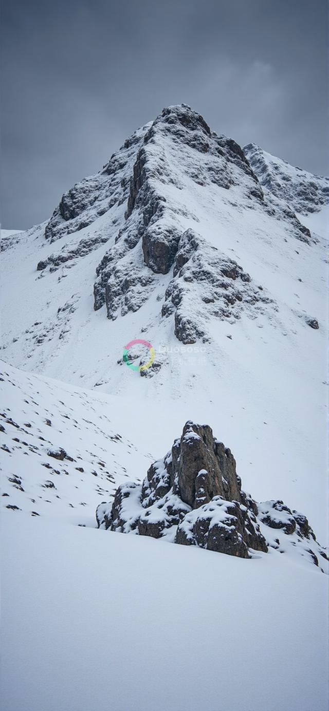 冬日雪山壮丽照：云雾苍穹下的岩石巅峰