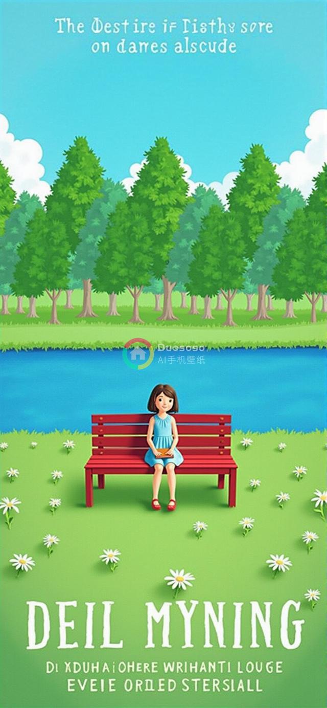 奇幻童书封面：棕发女孩蓝裙草地阅书，清新河流旁绿树成荫