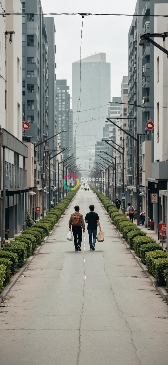 空旷街头两行人背影渐行渐远，高楼侧立绿篱相伴的都市景象