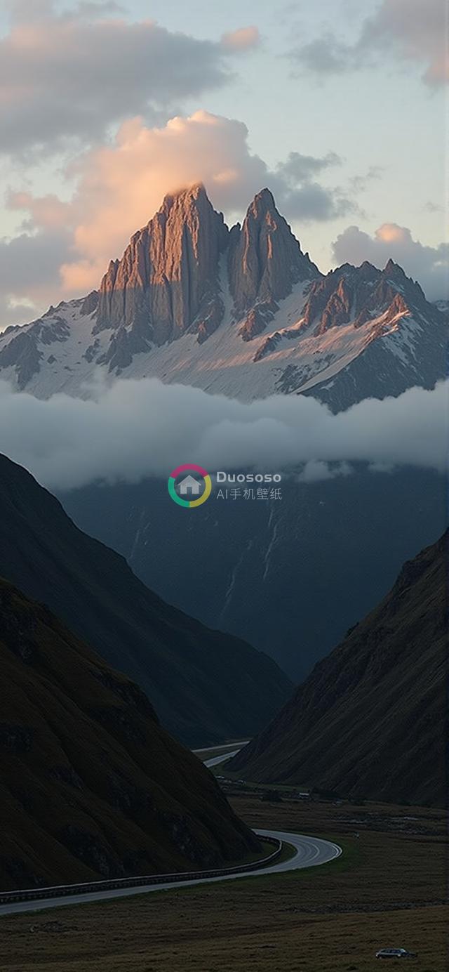 暮色蜿蜒山路通往壮丽山脉的摄影美景