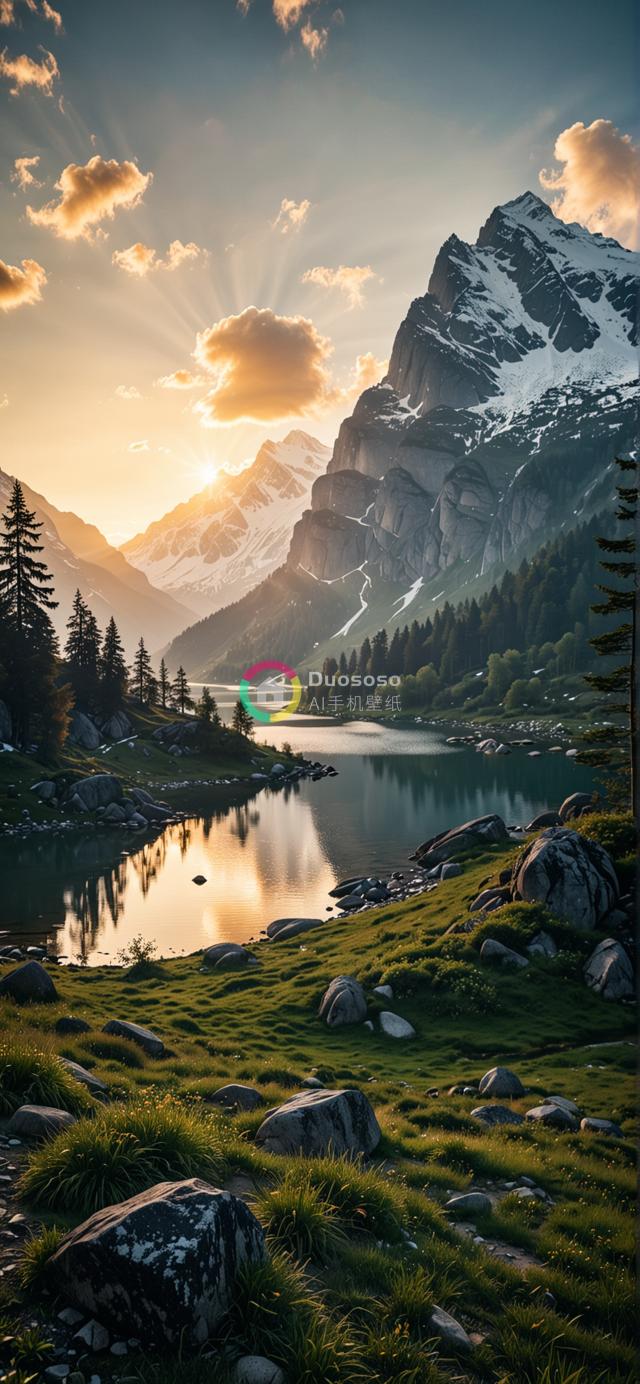 落日余晖下的壮丽山湖风光：金山映雪峰，碧草石点缀，宁静之美