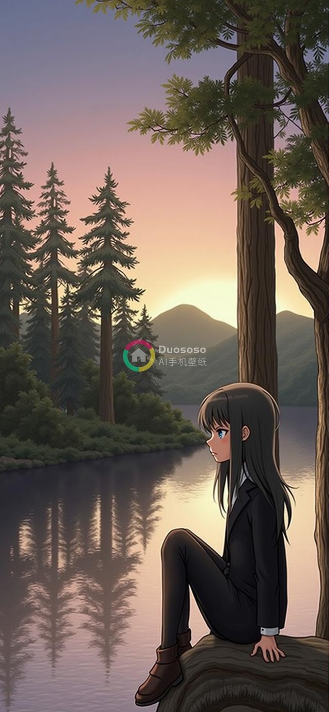 湖畔日落时沉思的黑发动漫女孩画像