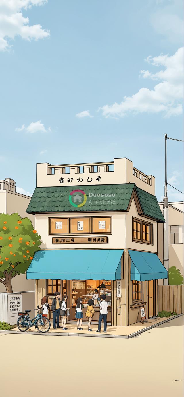 晴日下和风便利店欢快画面：青春学子排窗交谈