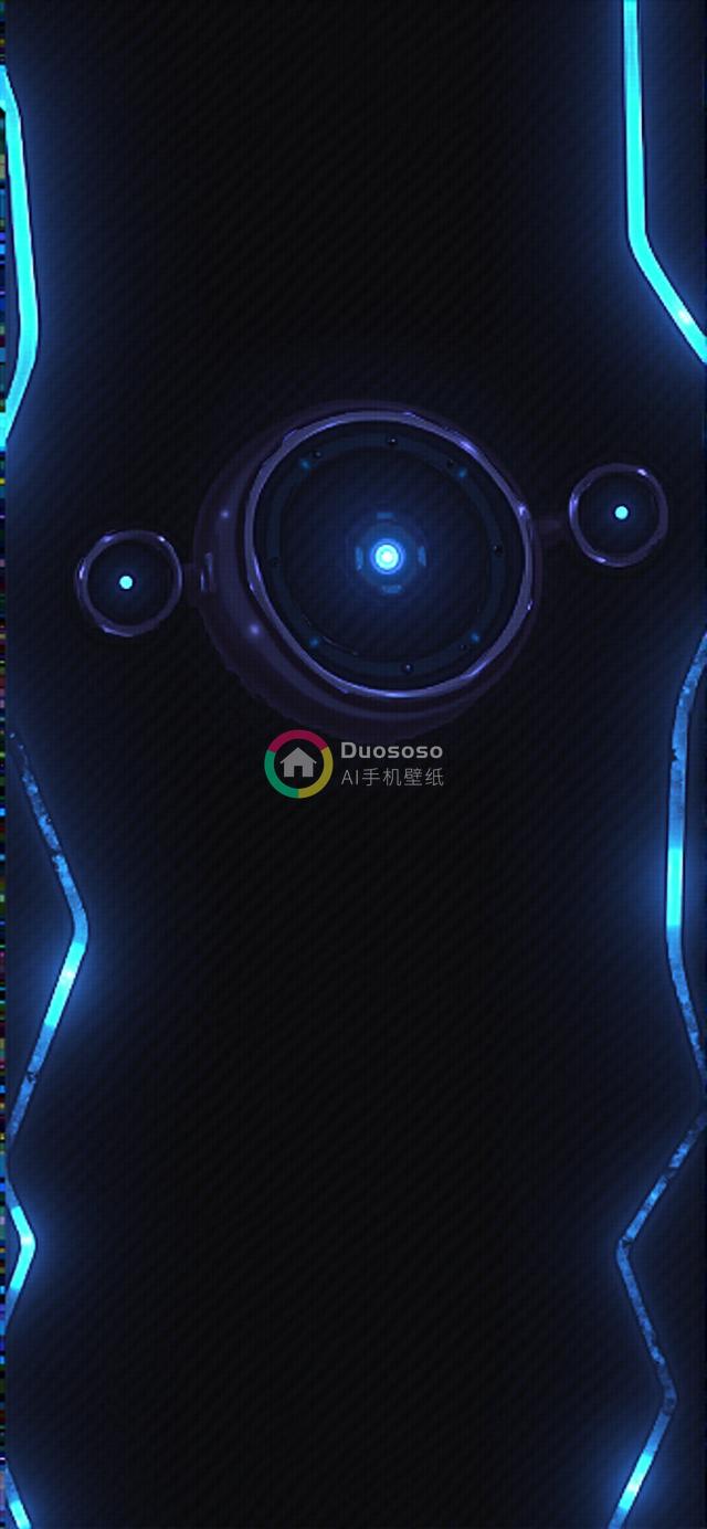 未来机械眼渲染图像：蓝色光晕中心与几何线条构成的神秘科技背景