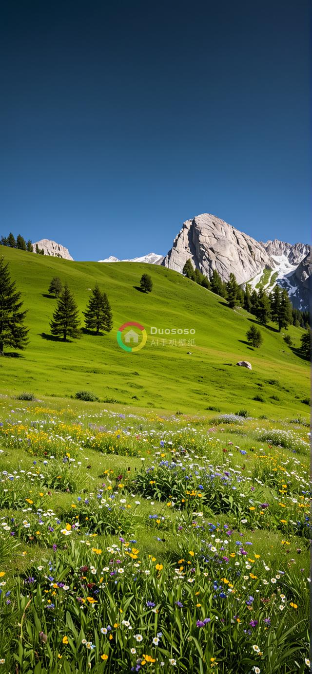 “繁花绿地映雪峰：宁静美景下的生机勃勃”