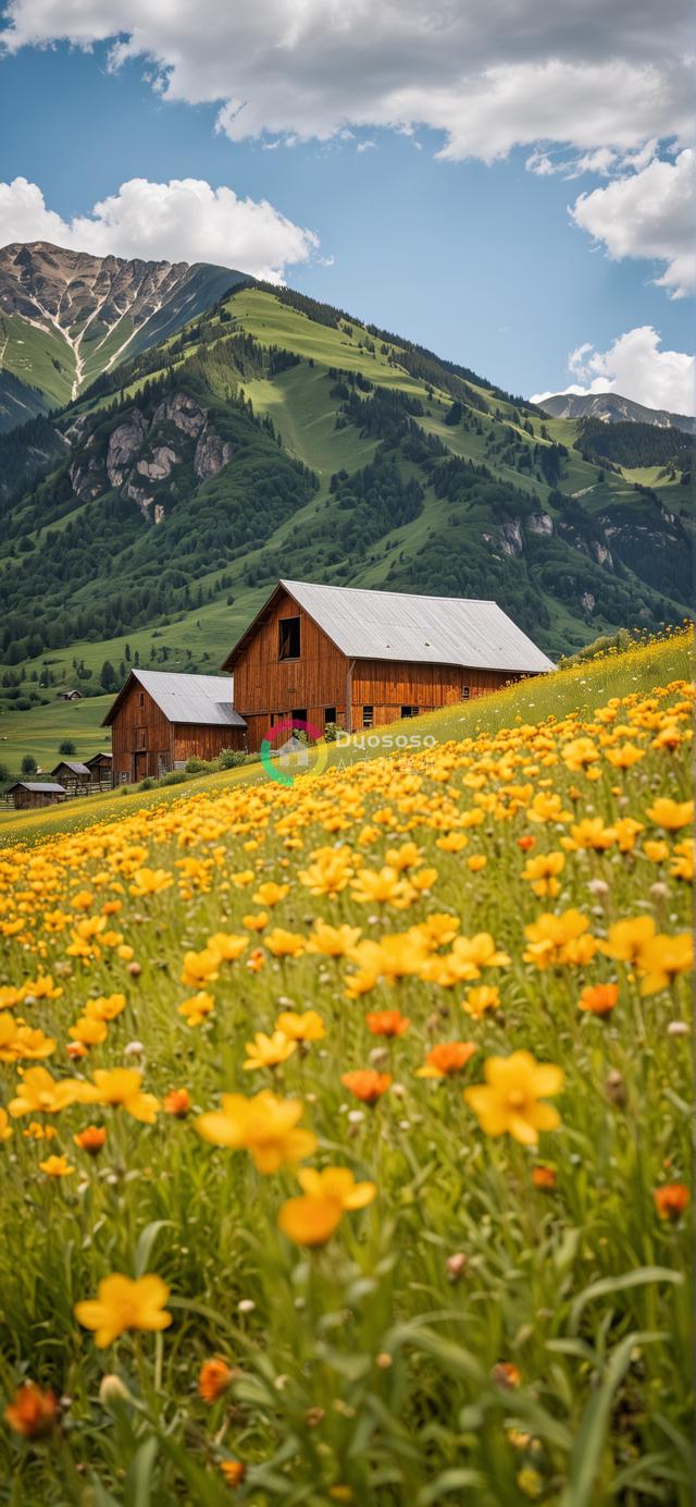 黄花开遍前的田园风光：红色谷仓与翠绿山峦共绘宁静乡野画卷