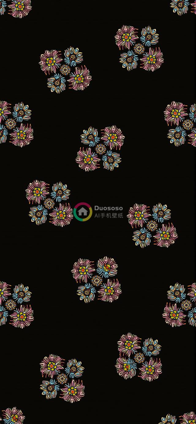 手绘风格五瓣花簇图案，黑底色彩平衡节奏，多用途设计素材