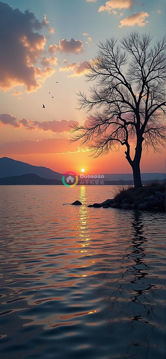 宁静湖畔落日余晖：孤独树影与飞鸟共绘暮色