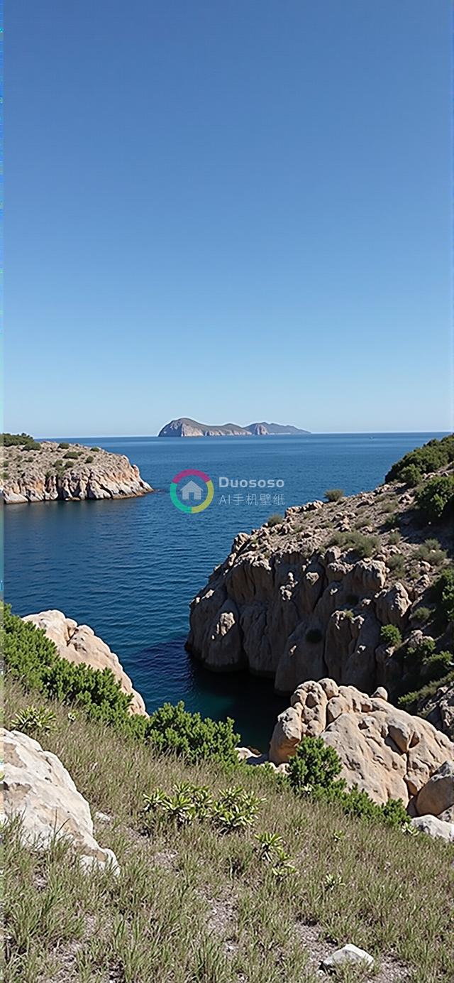 宁静海岸风光：碧海蓝天映衬下的壮丽海岛剪影