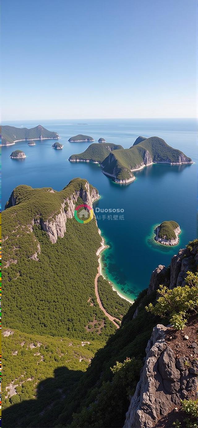 “高视角俯瞰壮丽群岛：碧海翠岛与曲折幽径的绝美风光”