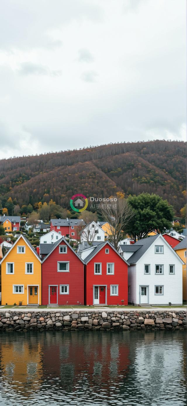 沿水彩屋排映秋色，静谧山水共绘恬静风光