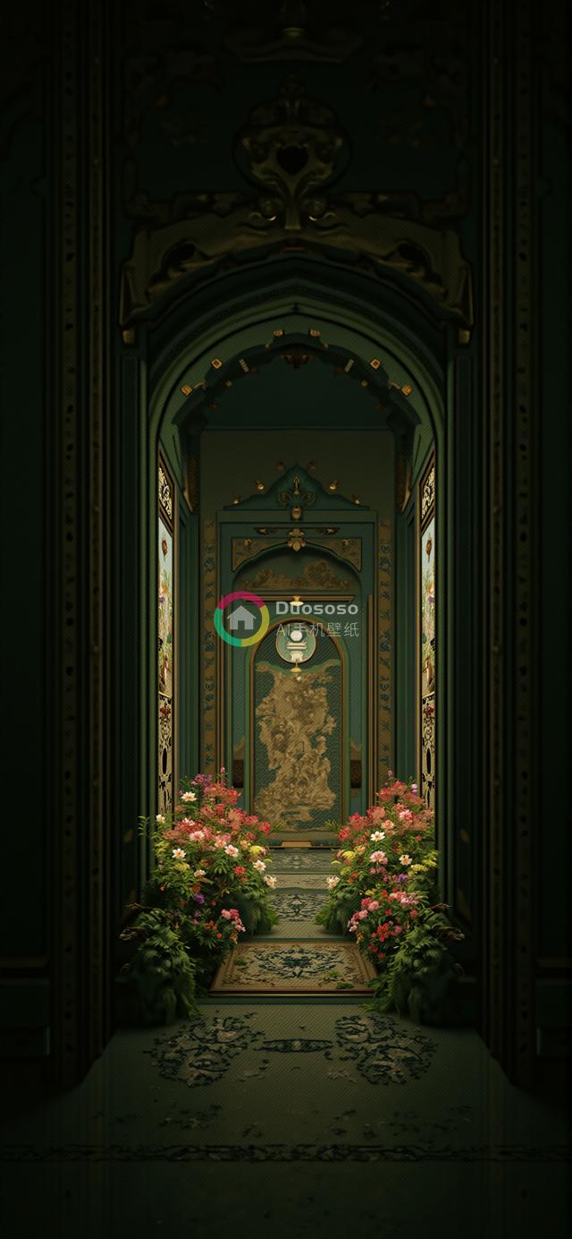 深色调华丽庄园走廊：金色细工与圆形窗扇的宏伟入口