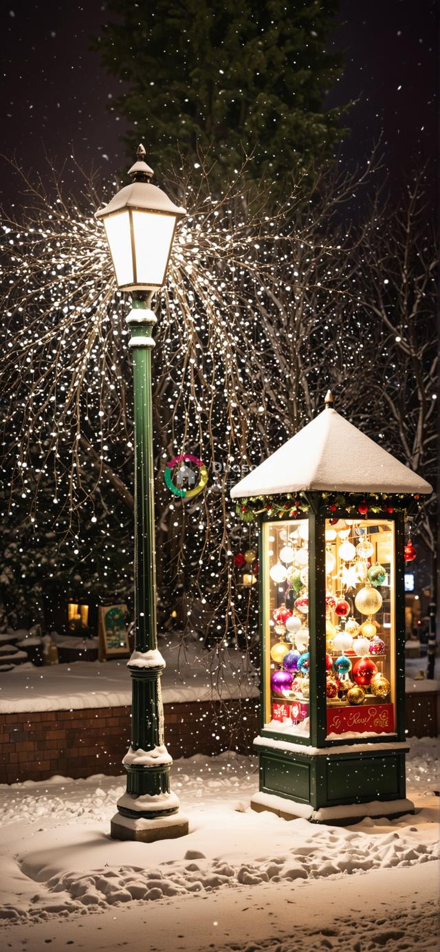 夜雪中的圣诞魔法：复古装饰亭与雪覆盖街灯交织的温馨节日画面