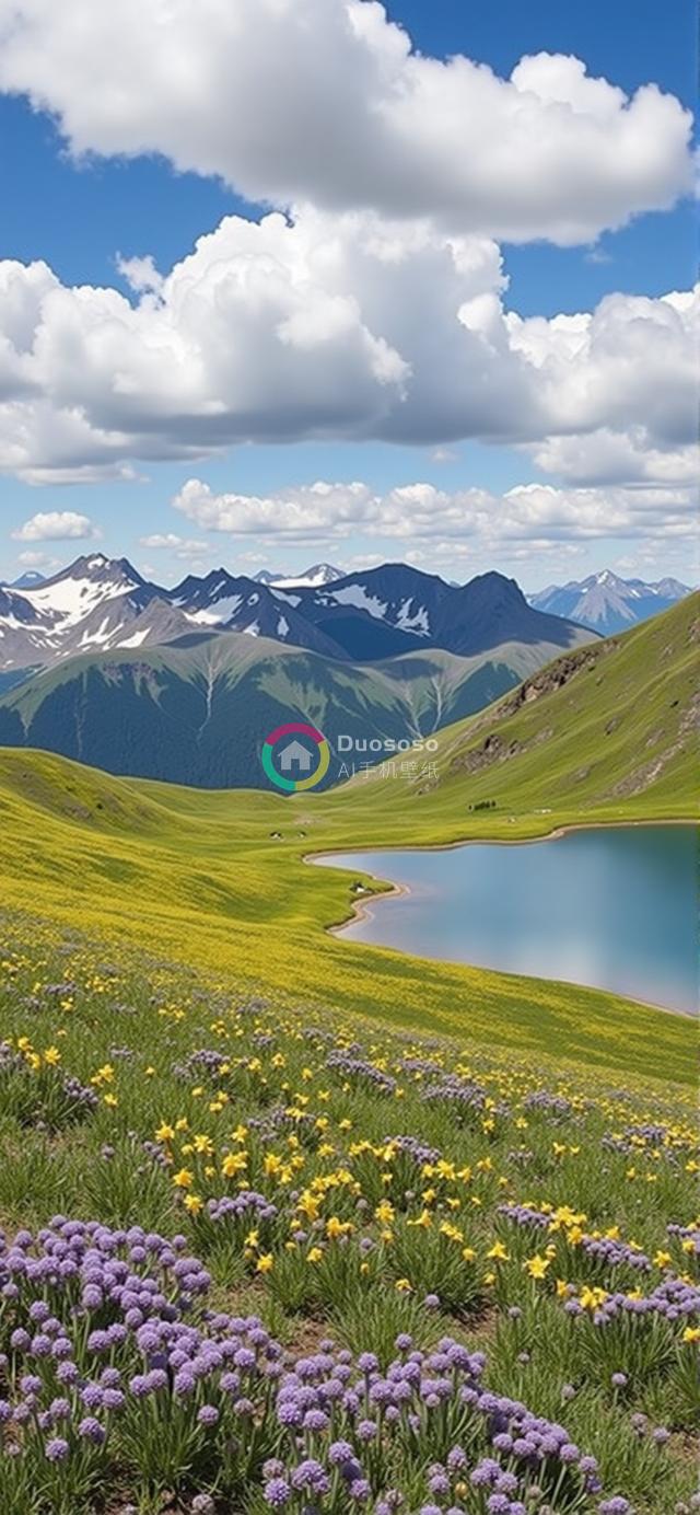 壮丽山景照：山谷碧湖与雪山辉映，野花地毯缤纷多彩