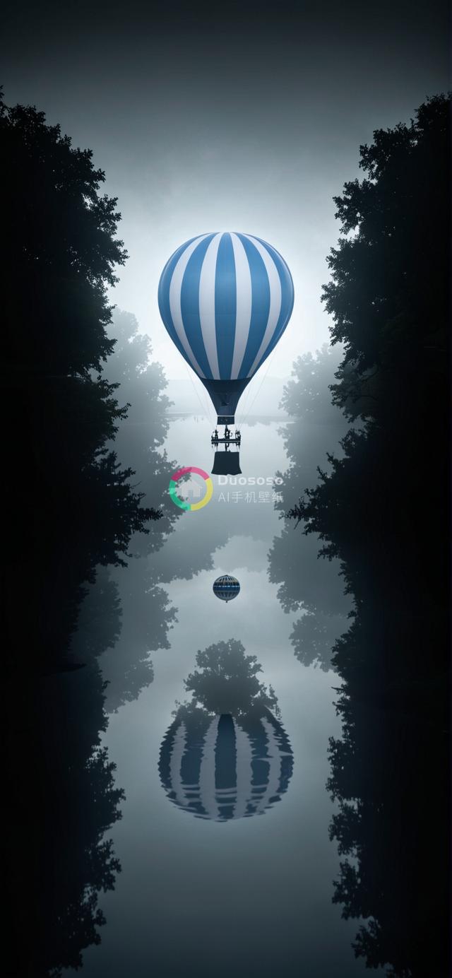 蓝色条纹热气球水上漂：神秘剪影树与镜像水面的宁静冒险之旅