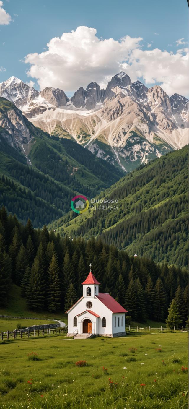 雪山脚下红顶白教堂的宁静风光摄影