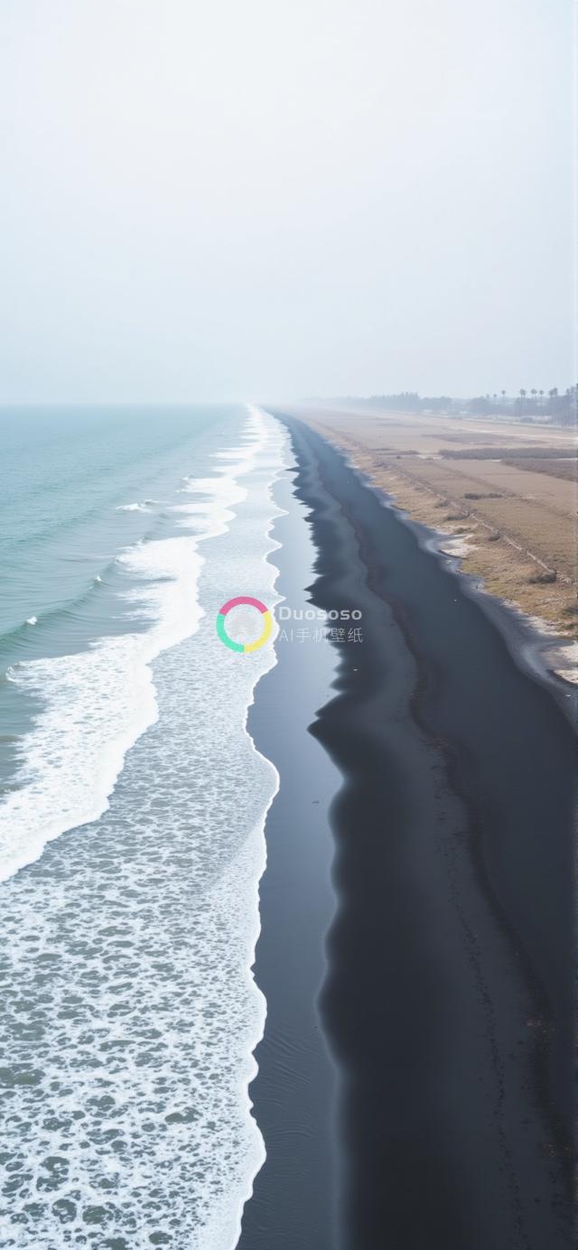 “俯瞰黑白沙滩对比美景：火山沙与白浪的宁静画卷”