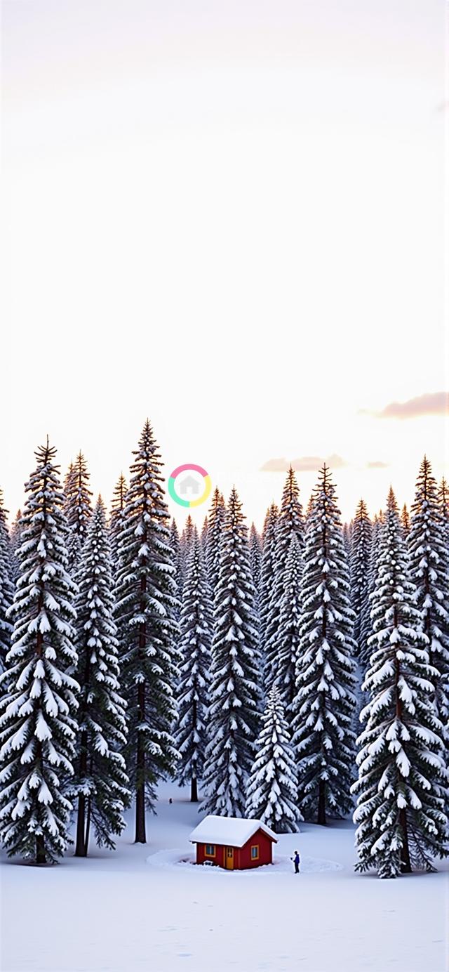 雪松林中迷人红黄小屋的温馨雪景渲染画