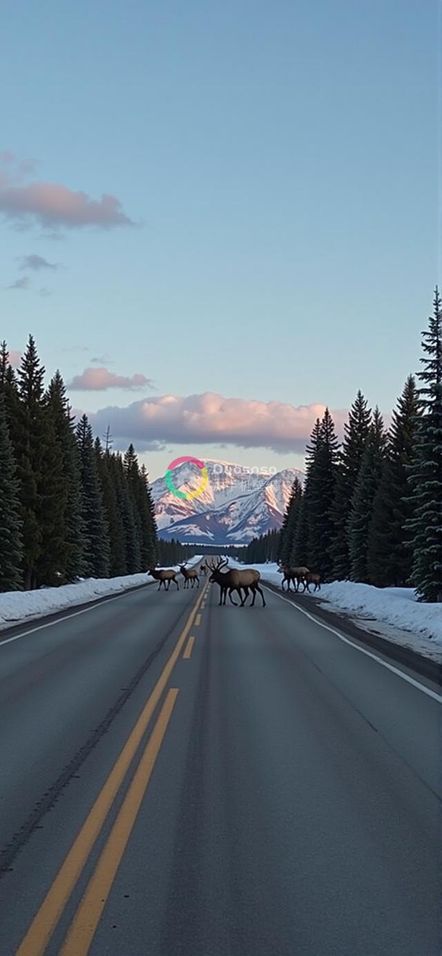 低角度捕捉雪地麋鹿群壮丽穿越高速公路，宁静自然与人工奇观共存的瞬间