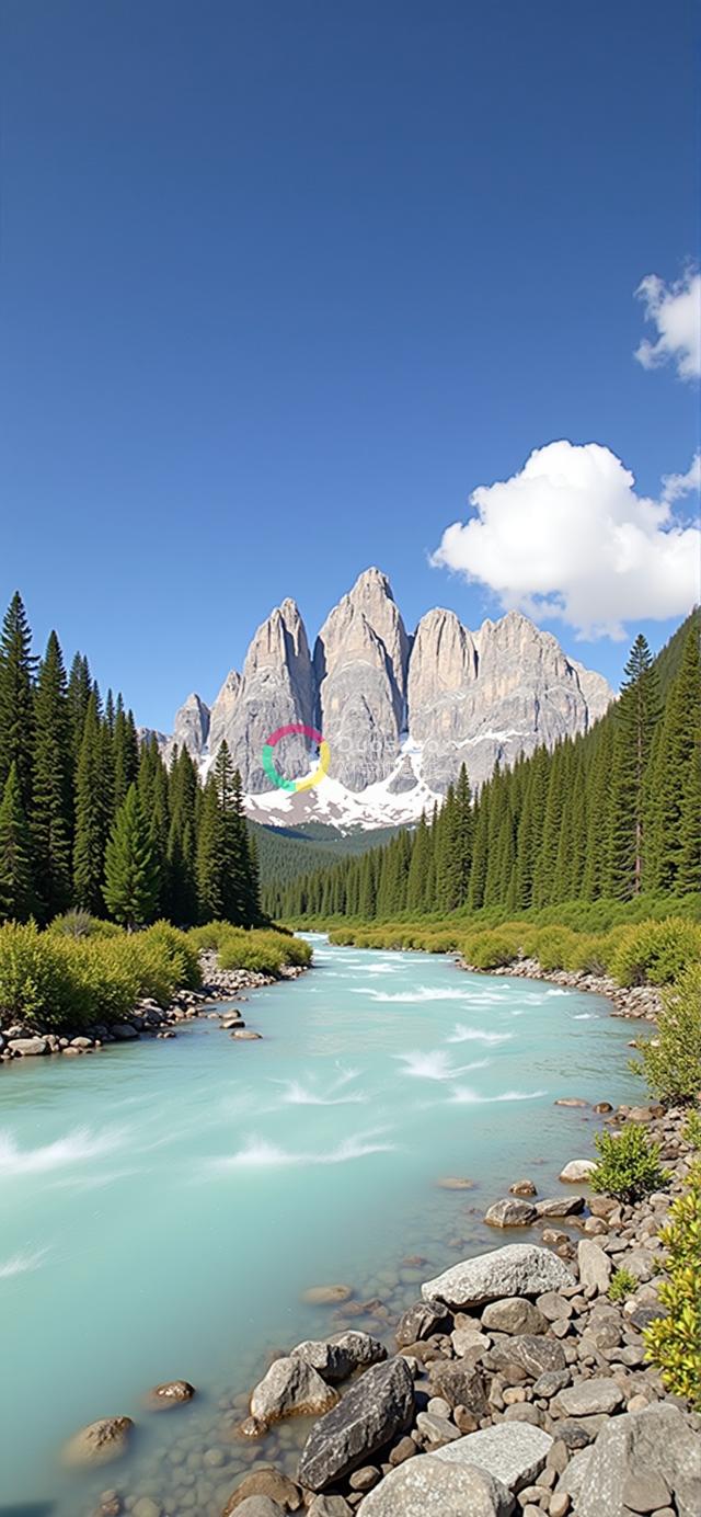 低角度拍摄壮丽山川与松林碧水交融的长曝光风光照