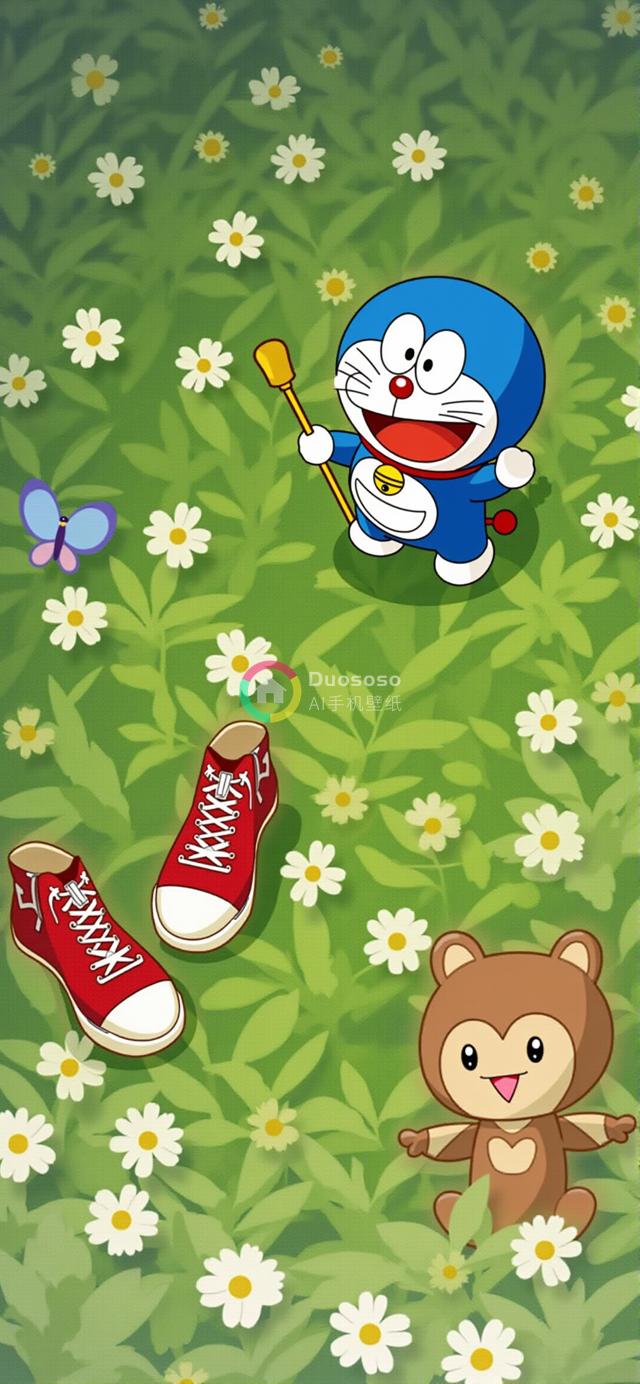 童年回忆：哆啦A梦与萌熊在雏菊丛中的欢快卡通插画
