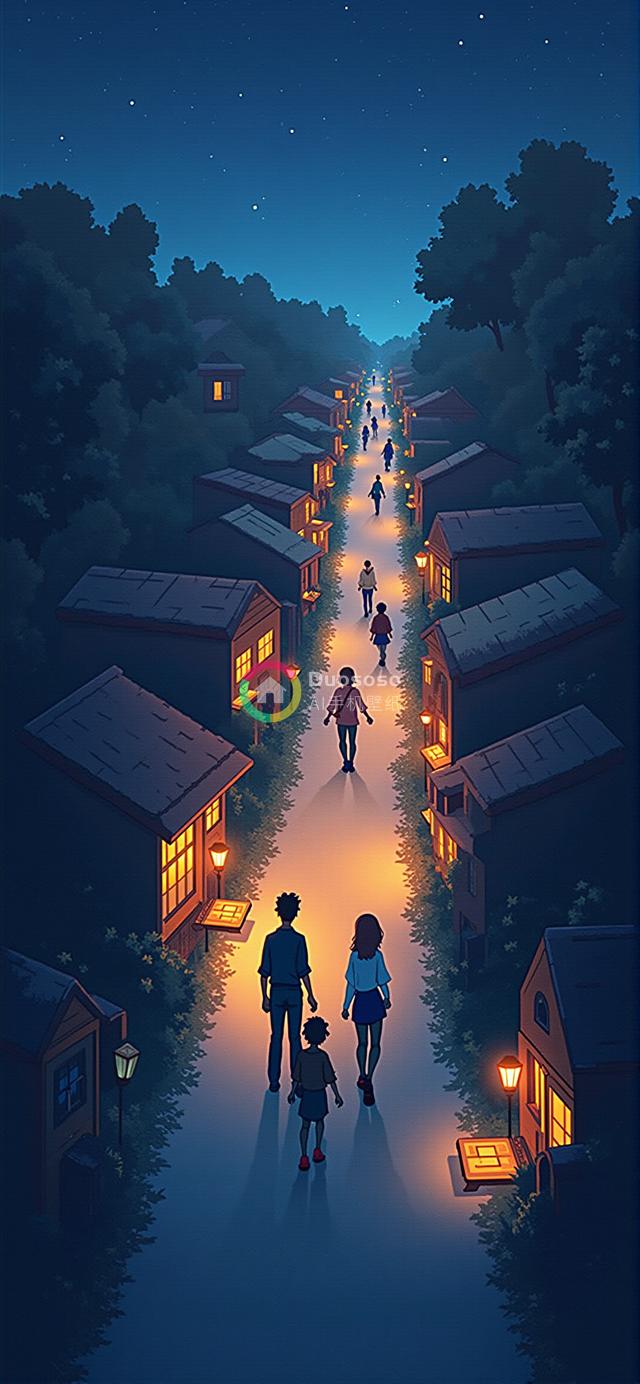 夜色中星光点缀下的街灯之路与家庭剪影