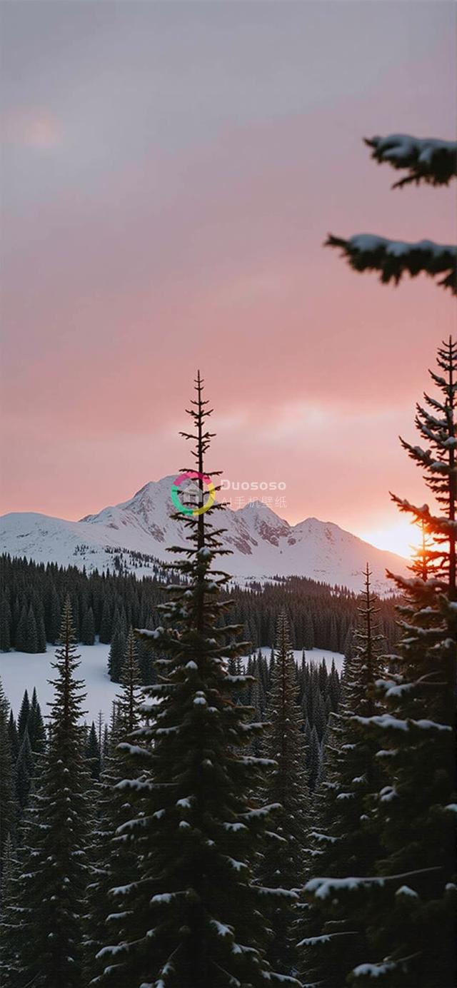 暮色雪峰松影：冬日仙境的宁静美景