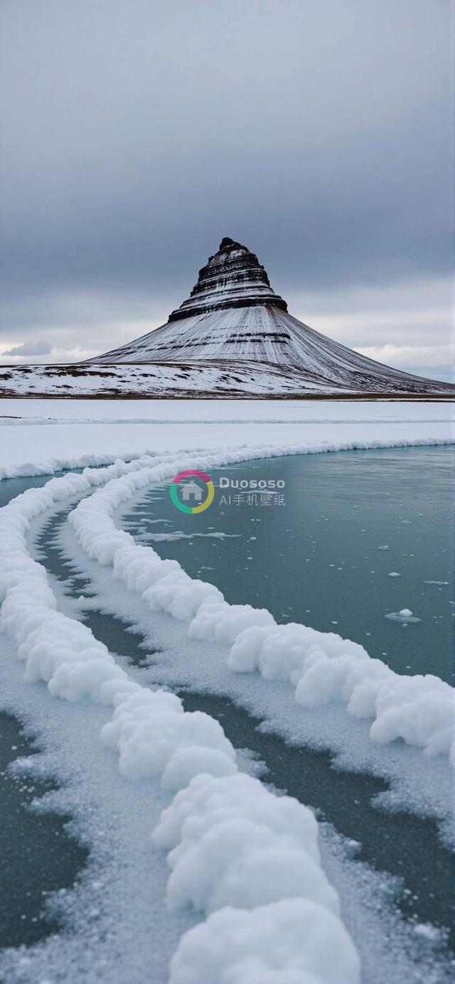 雪覆盖层叠金字塔山景摄影：宁静冰湖与雪道映衬壮丽山峰