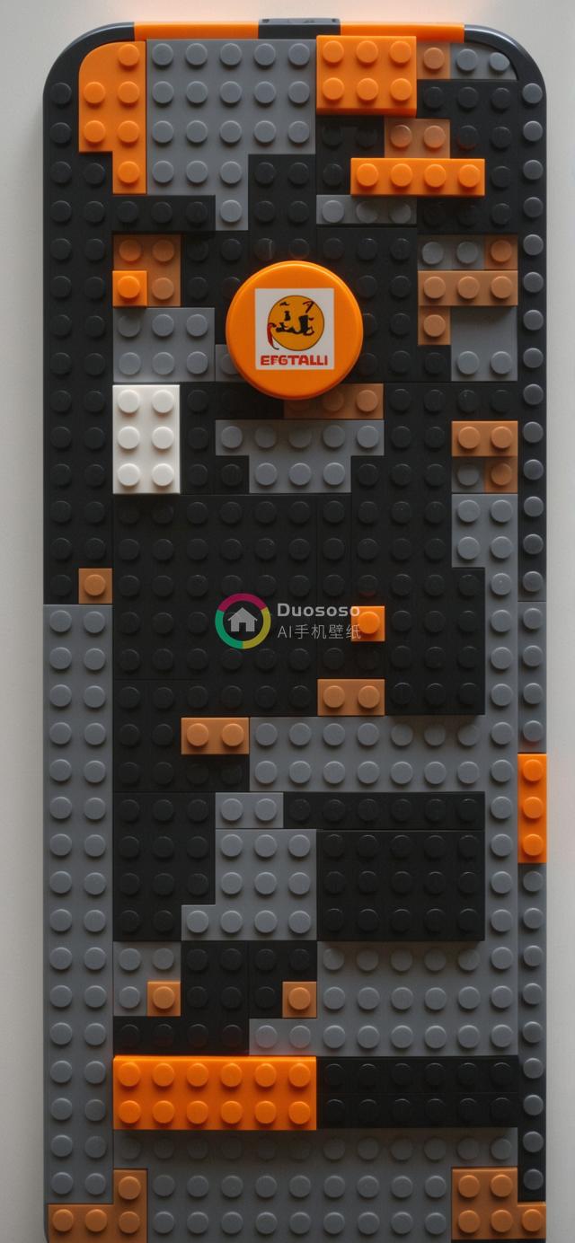 乐高像素艺术照：黑灰主调搭配鲜艳抽象图案，突出白色砖块与'EFGTALLI'标志