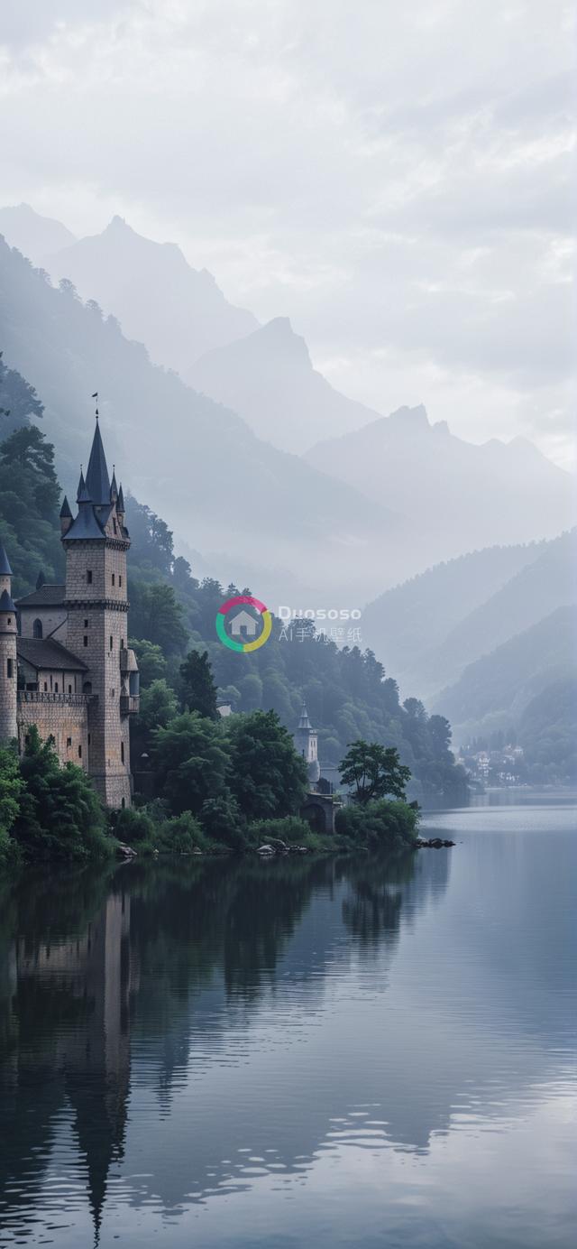 湖畔迷雾古堡：神秘壮丽与自然和谐共存的垂直画卷