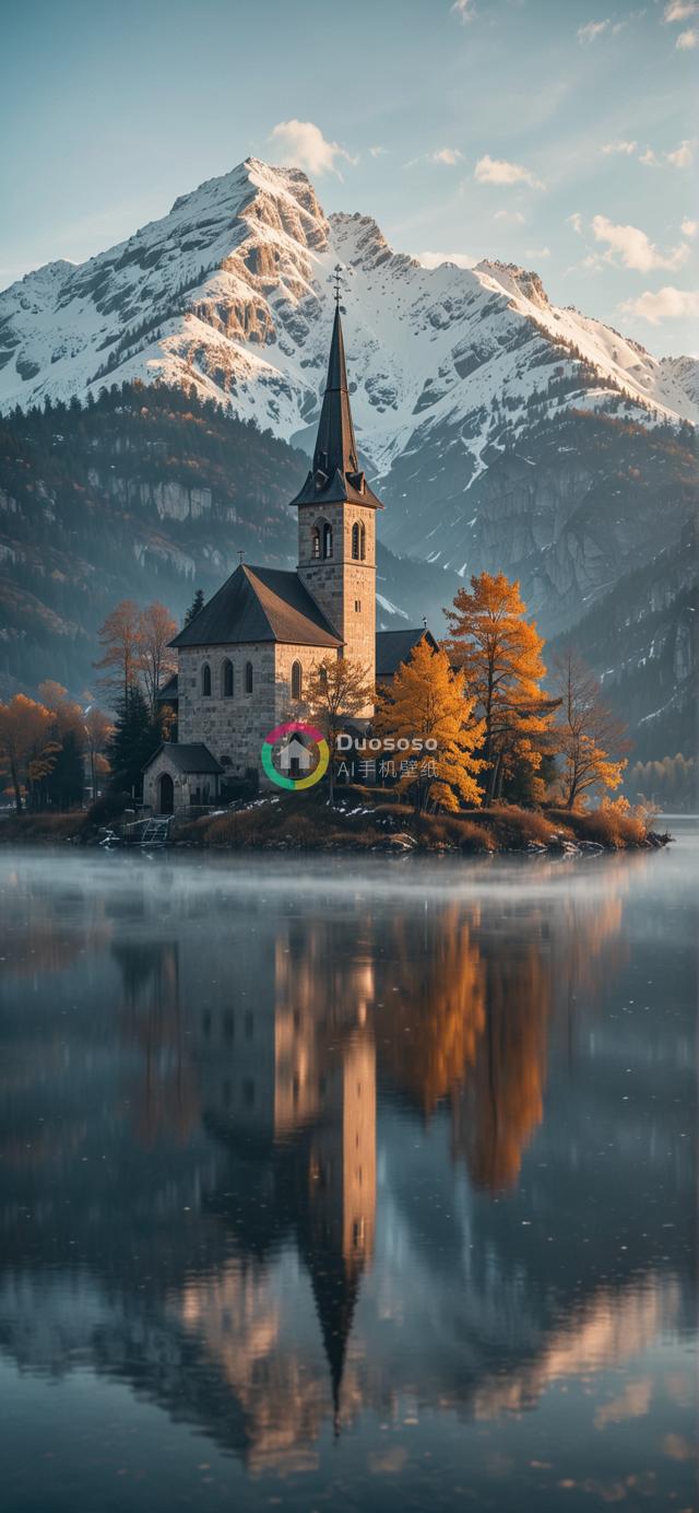湖心岛上的宁静教堂：中世纪风格建筑与秋色山峦的绝美倒影
