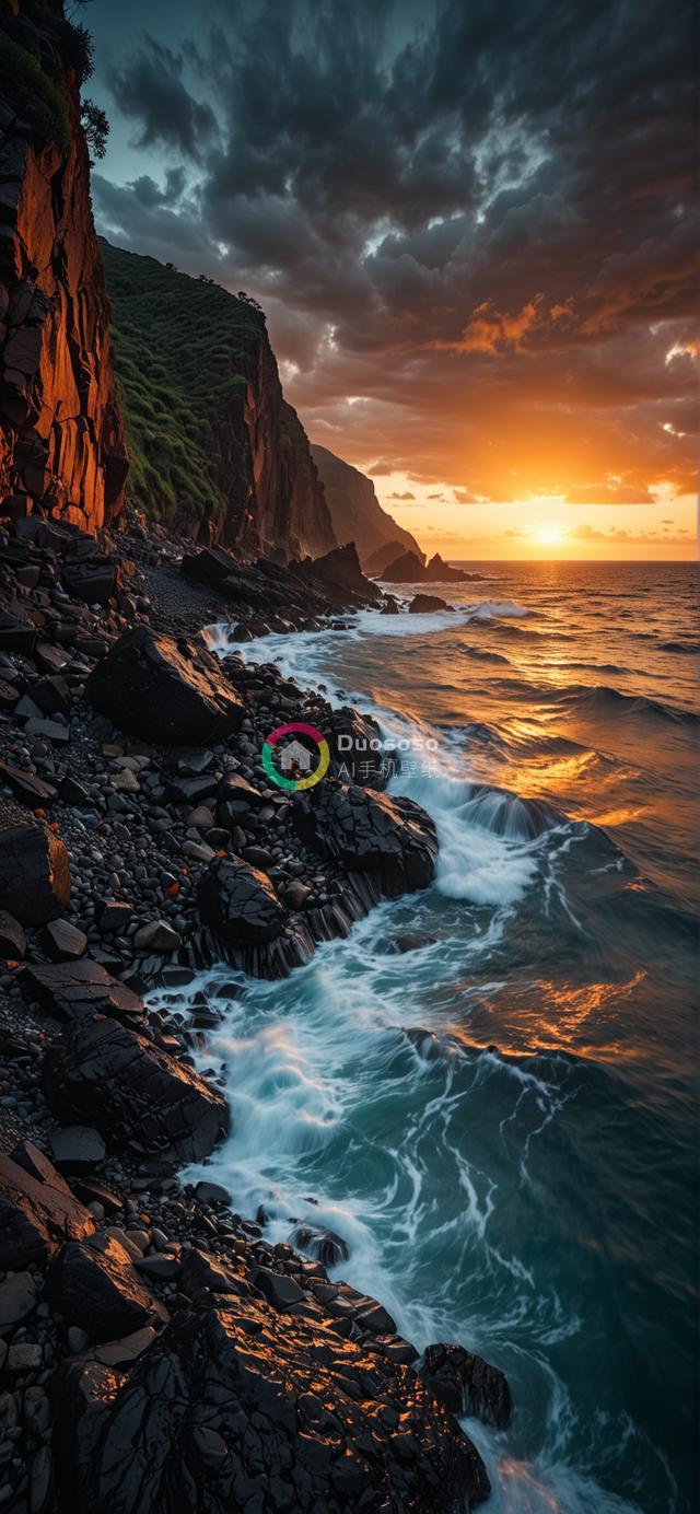 晨曦映照下的岩岸壮丽风光：悬崖与波澜的磅礴对比