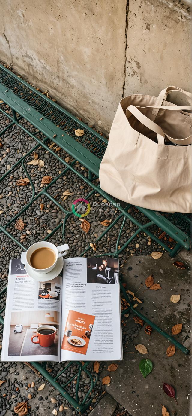 秋日暖阳下的静物摄影：米色手提袋、杂志与咖啡于绿铁长椅上的温馨一幕