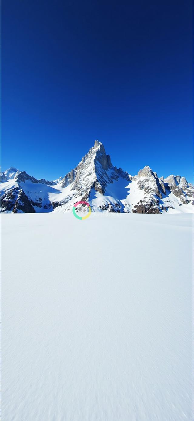 低角度俯瞰雪覆盖巅峰映衬湛蓝天空的壮丽风光