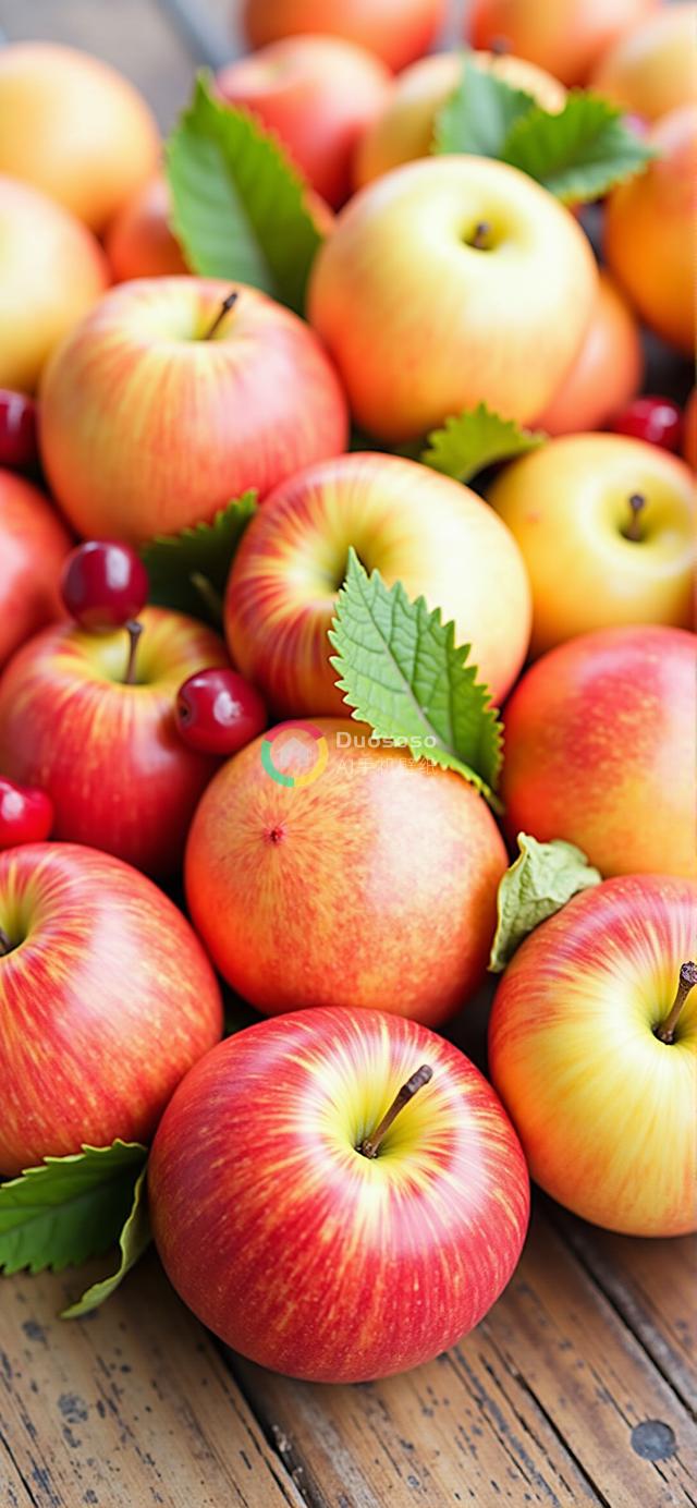 秋收丰盈：鲜亮红黄苹果堆叠在自然朴素质感木面上的摄影佳作