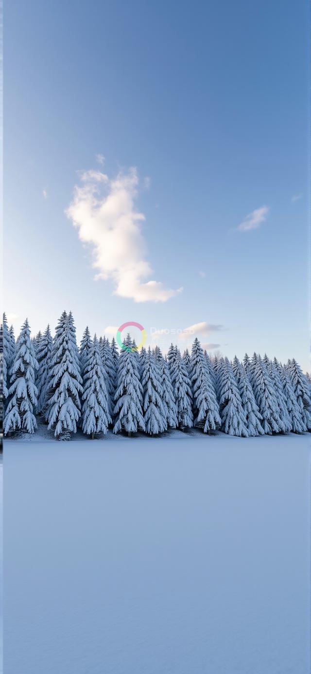 宁静雪原：雪压松林映衬湛蓝天空的壮丽风光