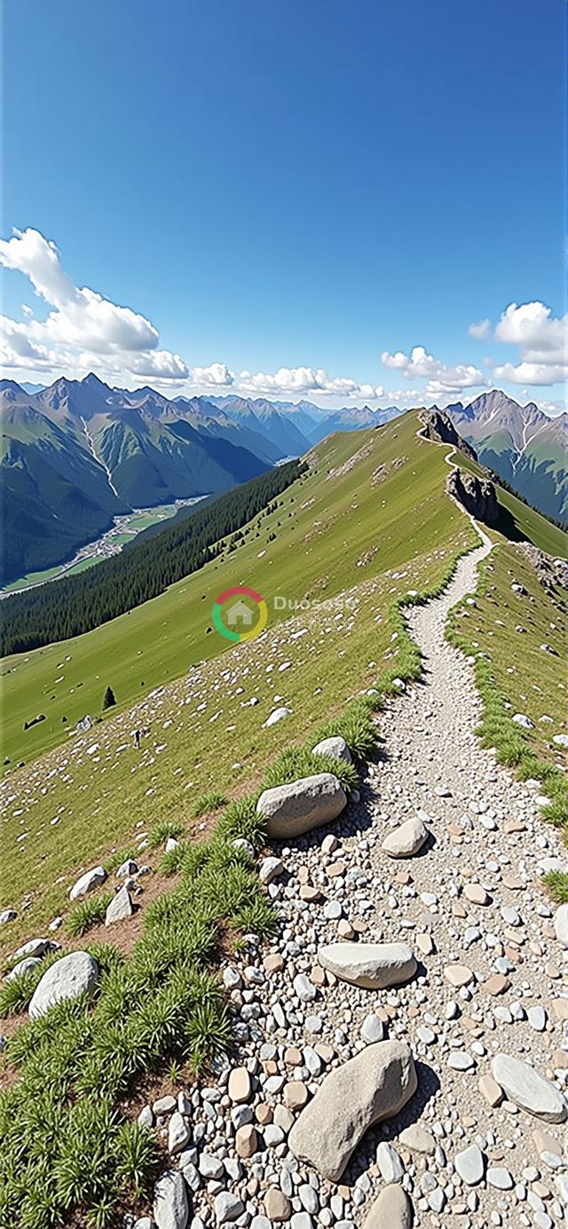 绿意盎然山间徒步道：仰望高峰与远处城镇的壮丽风光