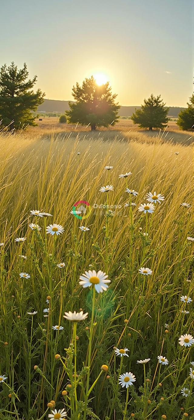 落日余晖下的宁静草甸：金色光影与白雏菊的温馨画卷