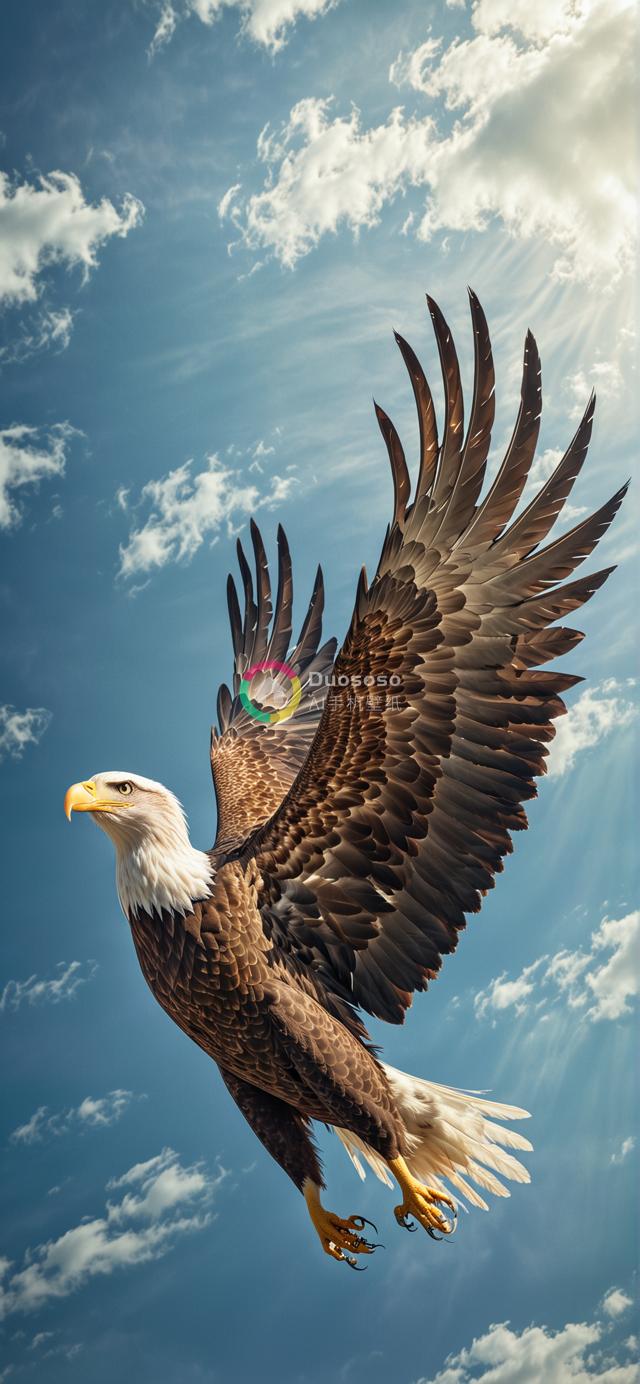 雄伟秃鹰展翅高飞：锐利视角下的蓝云天空壮丽瞬间