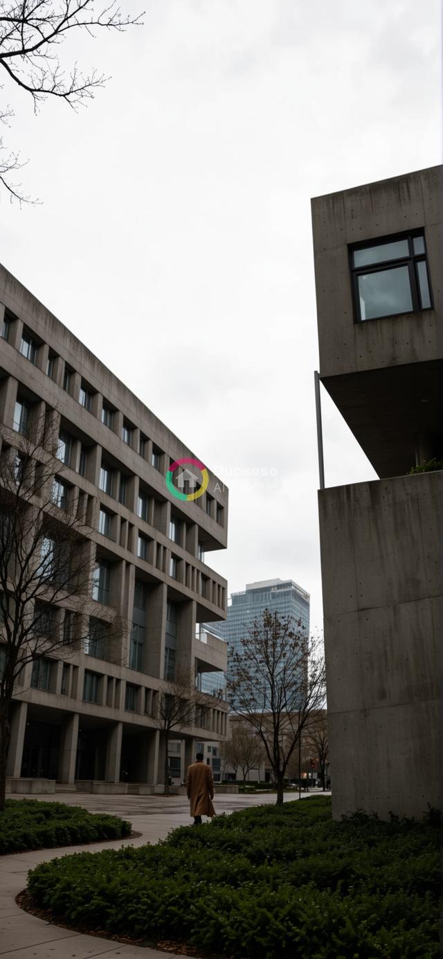 低角度拍摄混凝土矩形窗建筑群中穿棕色长大衣男子走远的照片