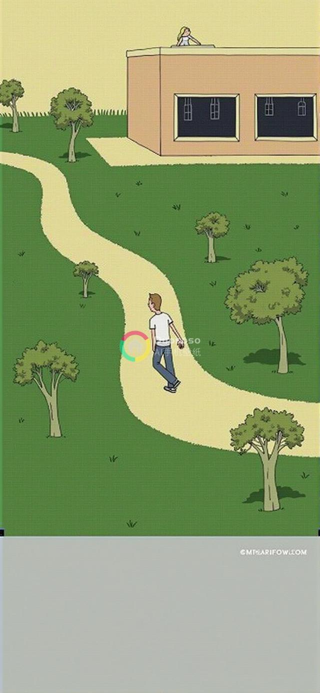 卡通公园场景：金发女子与小径青年于绿意盎然中的whimsical与melancholic绘影