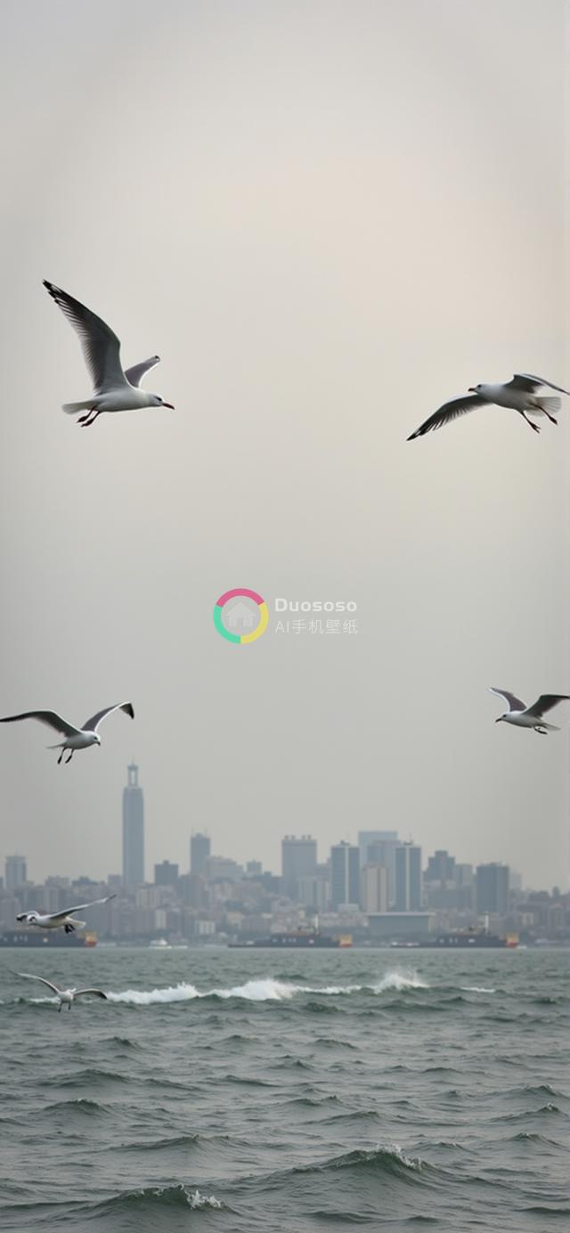 低角度拍摄五只海鸥在波涛汹涌之上翱翔，灰蒙天空与城市天际线相映