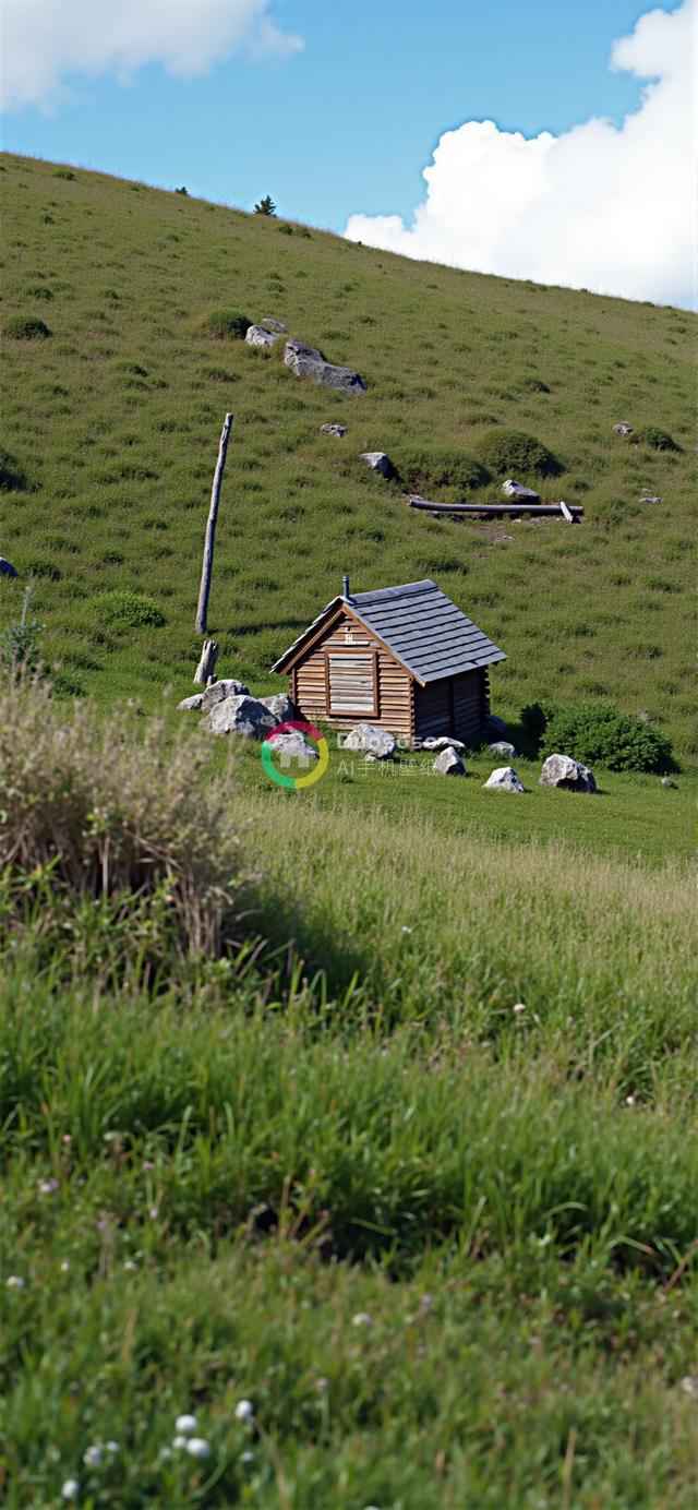 绿茵山坡上木质小屋的宁静剪影