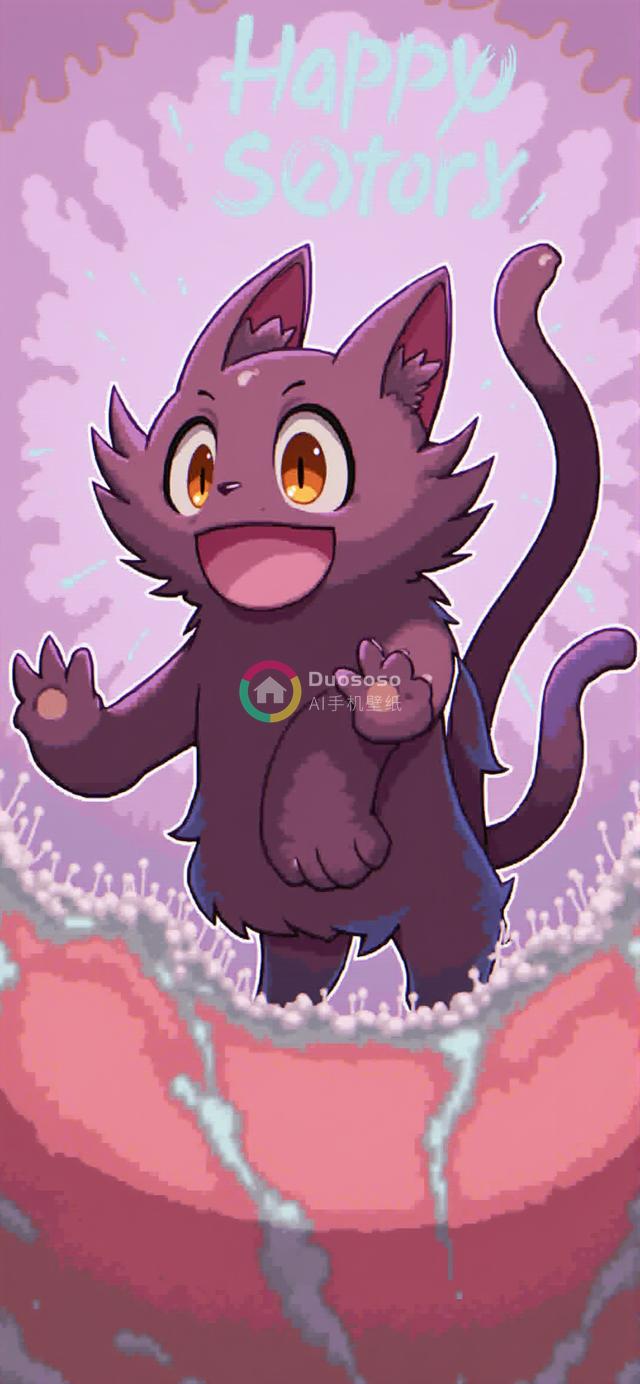 快乐生日：卡通风格黑猫巨型蛋糕插画迎宾