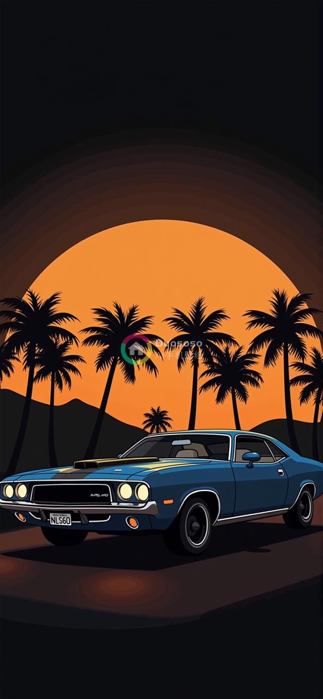 《热带落日背景下经典美式肌肉车蓝色道奇挑战者的光影渲染画》