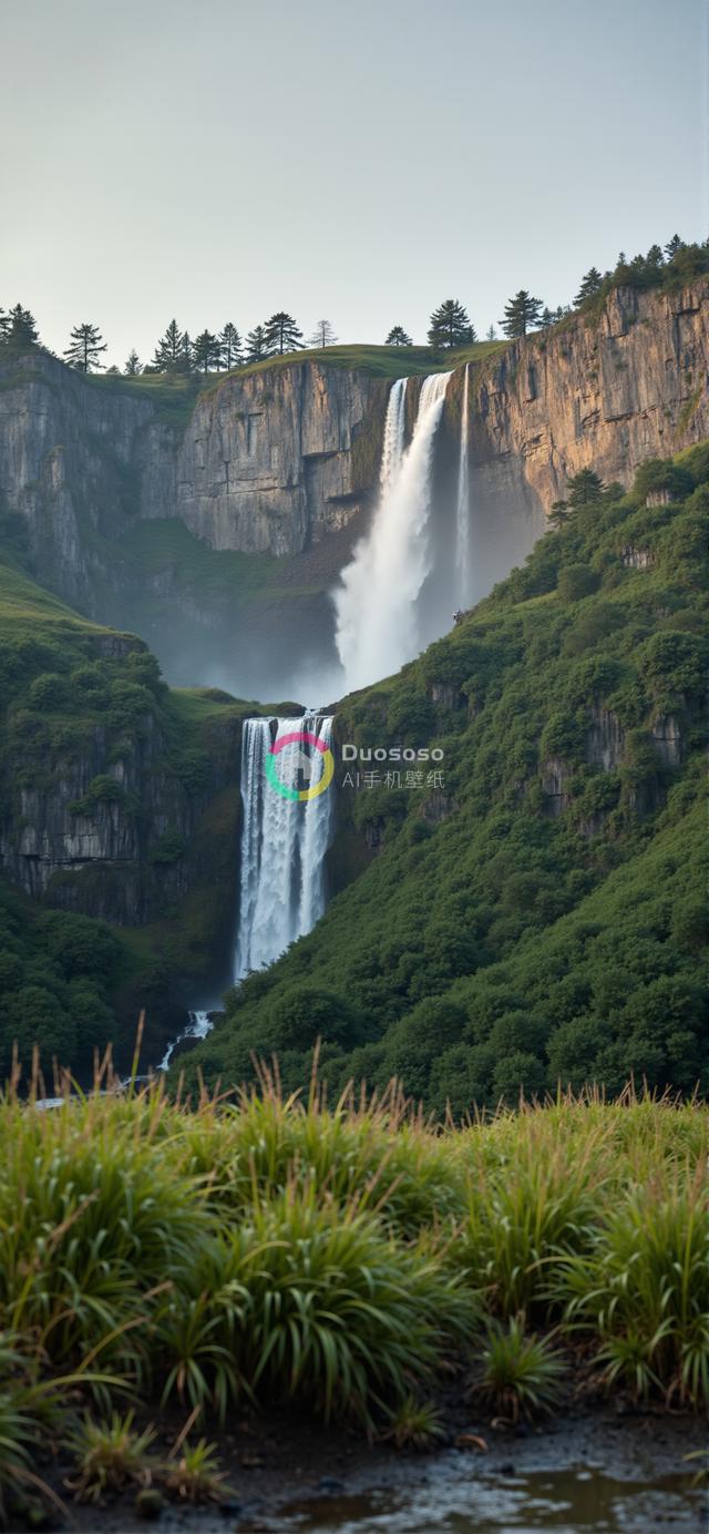 低角度捕捉绝美双瀑布垂直悬崖壮丽景观