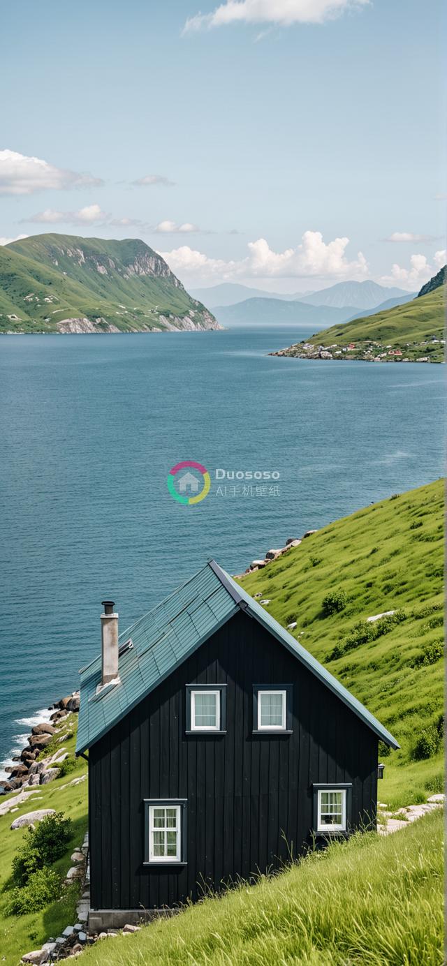 孤寂黑木屋俯瞰翠绿山峦与宁静蓝海的绝美风光