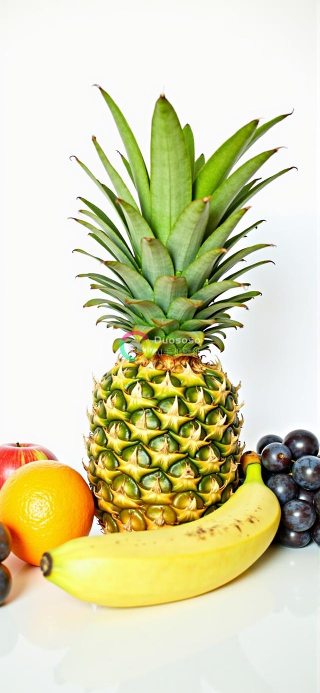 白背景下的多彩鲜果照：菠萝香蕉苹果橙葡萄共谱清新画布