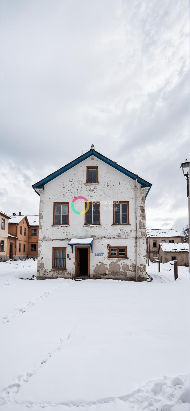 冬日废弃双层蓝顶白屋照片：油漆剥落、窗户封堵，雪地脚印通向前门
